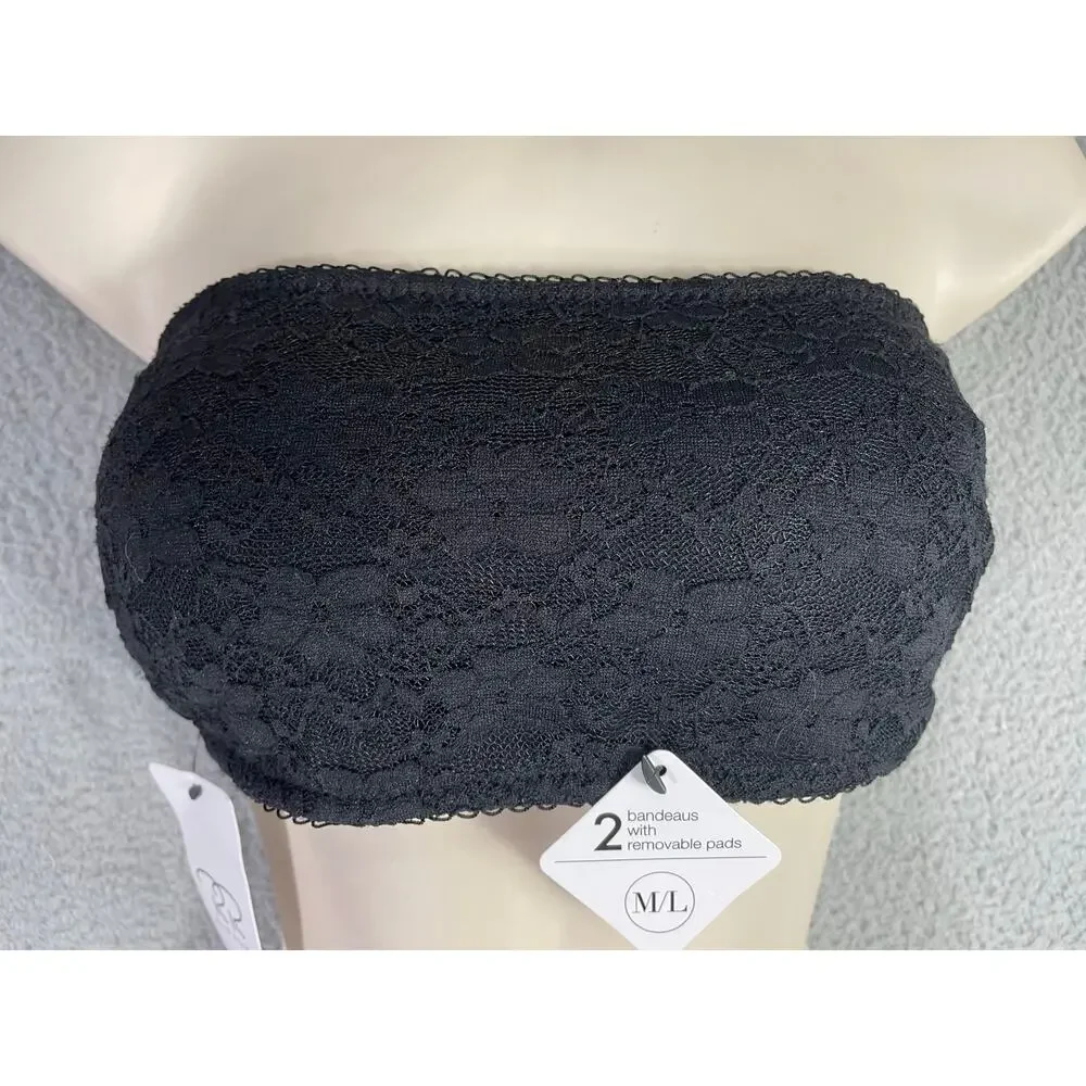 Rene Rofe Black Lace Bandeau Bra‎ M/L Strapless Bralette Removable Pads NWT - Picture 5 of 12